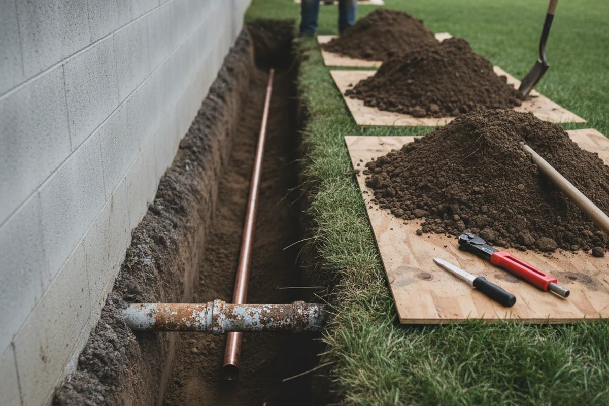 Excavated water line trench during Water Heater Repair in Delafield